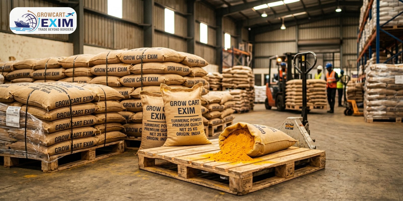 Grow Cart Exim High quality turmeric bags in warehouse with Grow Cart Exim branding and forklift for bulk export.