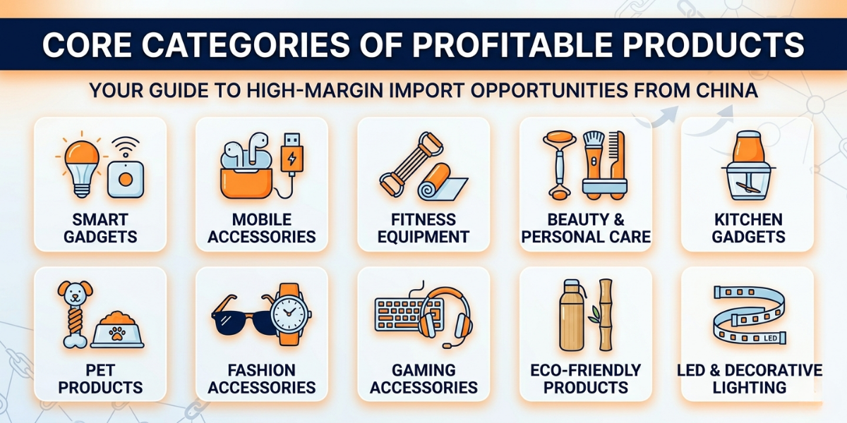 A Grid infographic titled  Core Categories of Profitable Products: High Margin Import Opportunities from China. Ten labeled icons in Growcart Exim's navy and orange brand colors highlight key product categories for Indian importers.
