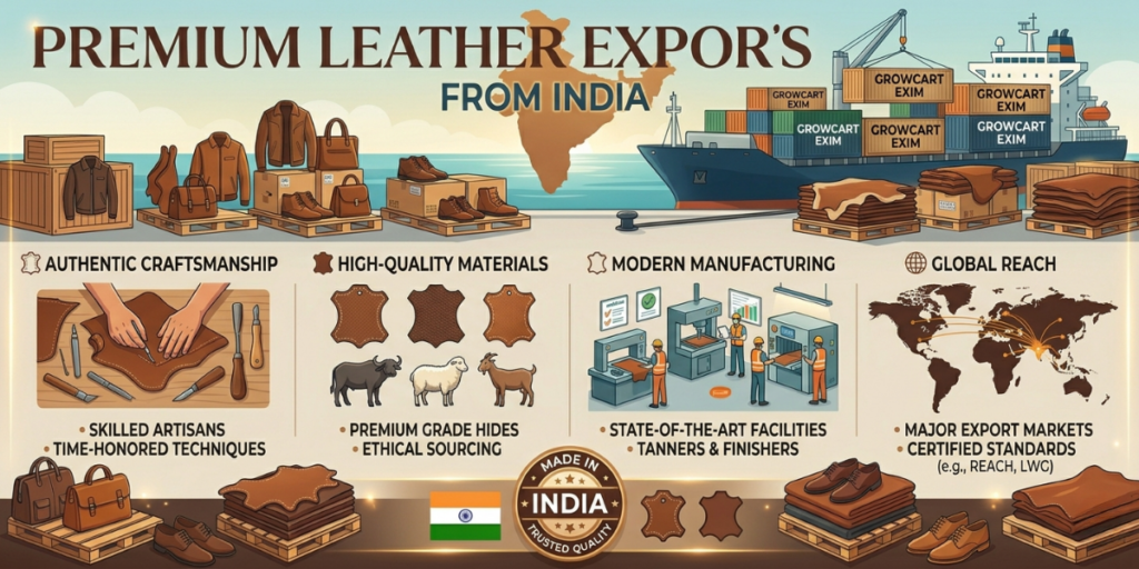 Premium leather exports from India showcasing bags, shoes, jackets, leather hides, manufacturing process, cargo shipping and global export markets