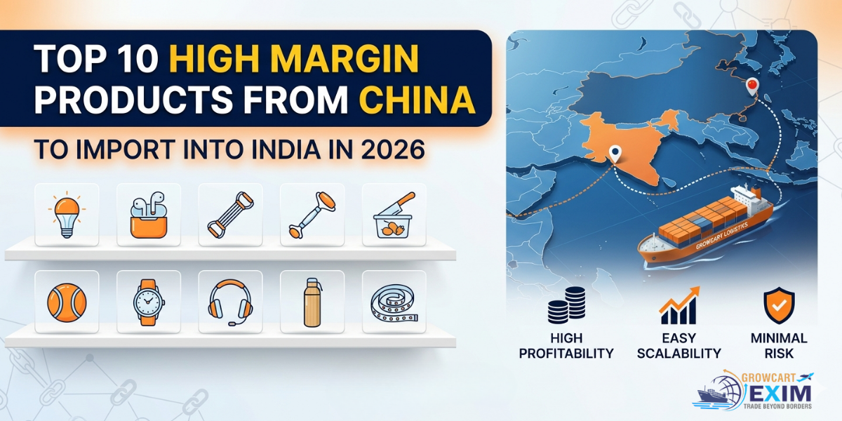 A professional infographic for Growcart Exim titled Top 10 High Margin Products from China to Import into India in 2026. The image features product icons on shelves alongside a map showing a cargo ship route from China to India, highlighting profitability and scalability.
