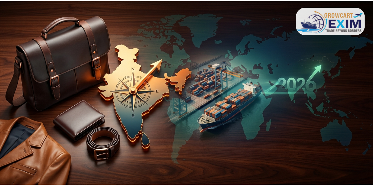 Top leather goods export opportunities from India in 2026 featuring bags, wallet, belt, jacket, cargo ship and global trade map